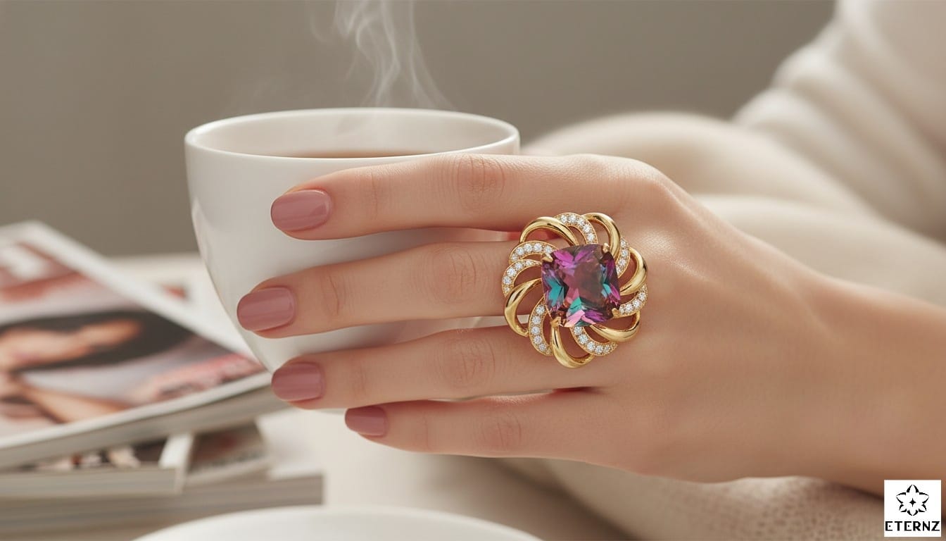 Woman's hand holding coffee cup wearing large purple gemstone statement cocktail ring, timeless bold jewelry piece for Indian women.