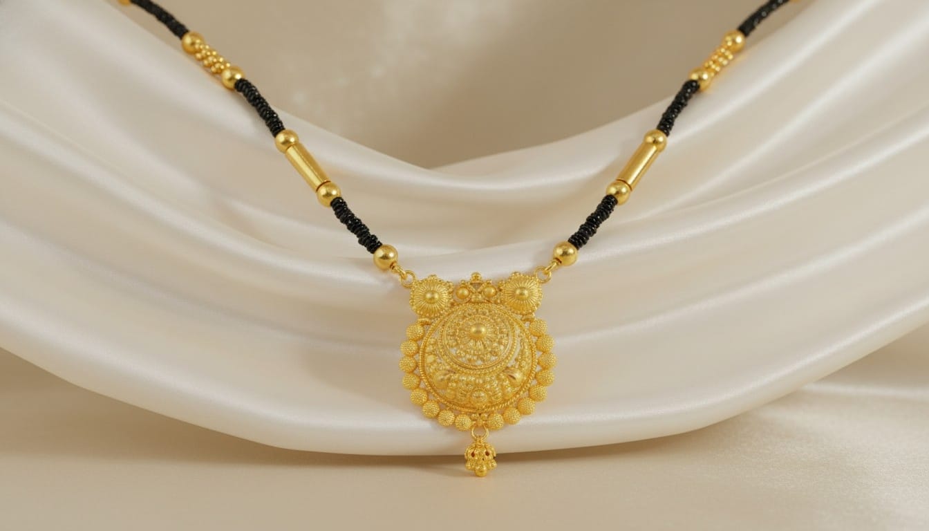 Traditional long gold mangalsutra necklace with black beaded chain and ornate pendant, evolving from daily wear to occasional use in modern India.