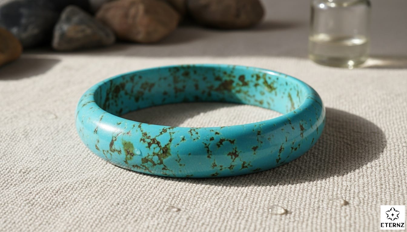 Damaged Rajasthan turquoise bangle with green oil spots caused by water and soap absorption during showering.