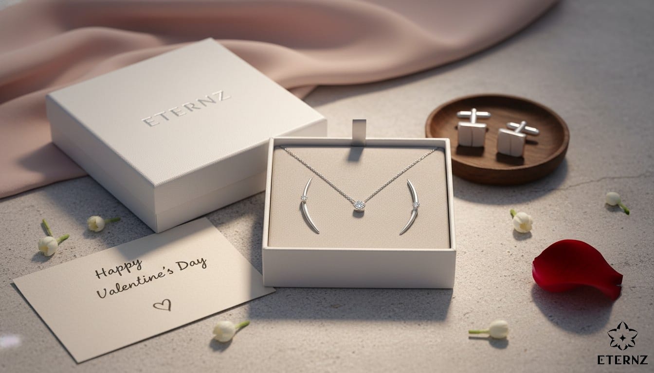 Eternz Valentine's Day 2026 gift box silver necklace earrings cufflinks card flowers rose petals, personalized jewelry sets for couples India.