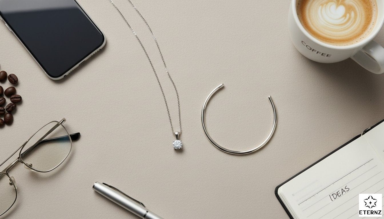 A flat-lay photograph of a minimalist silver pendant and a thin bracelet on a neutral beige background, styled next to a smartphone and a coffee cup to symbolize 'everyday work life'.