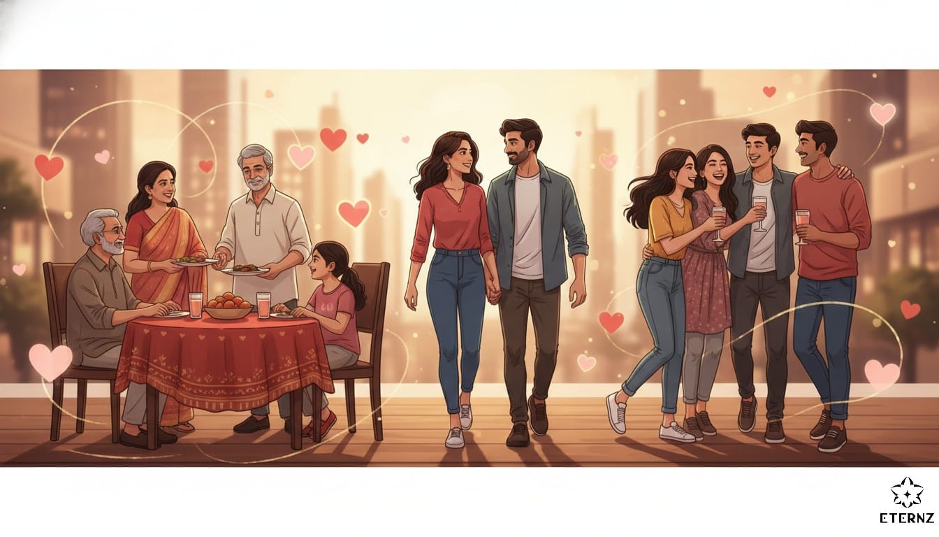 Indian people celebrating Valentine's Day 2026: couples, friends, and families sharing love and heartfelt quotes.