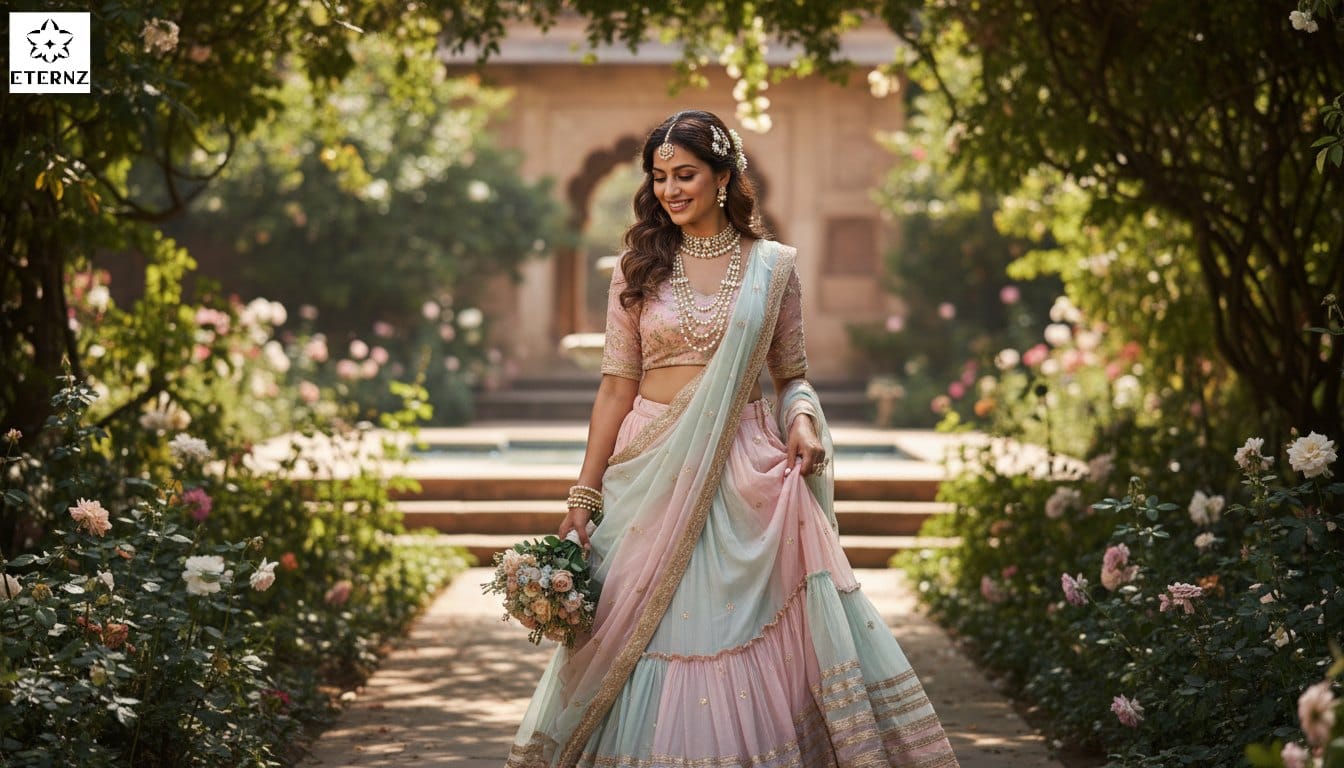 A modern Indian bride in a sunlit garden wearing a multi-layered Polki diamond necklace and a pastel-colored bridal lehenga, showcasing 2026 jewelry trends.