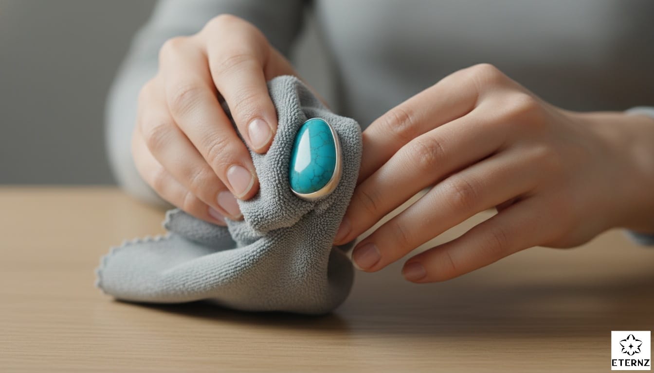 Cleaning a turquoise ring with a microfiber cloth to avoid water damage and ensure proper gemstone jewelry care.