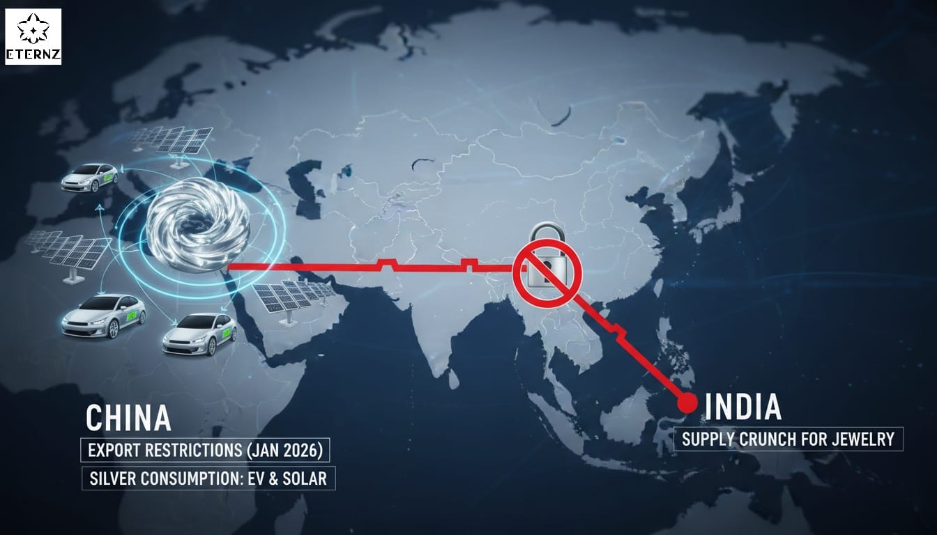 China-India silver supply map showing trade restrictions and industrial demand from solar and EV sectors in 2026.