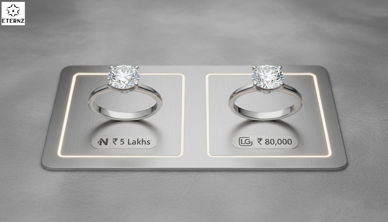 Comparison of a 5 Lakh Natural Diamond ring and a 80000 Lab Grown Diamond ring for Indian jewelry buyers.