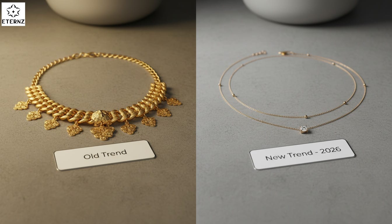 Comparison of traditional heavy gold jewelry vs modern 14K gold chain reflecting 2026 India precious metal market trends.