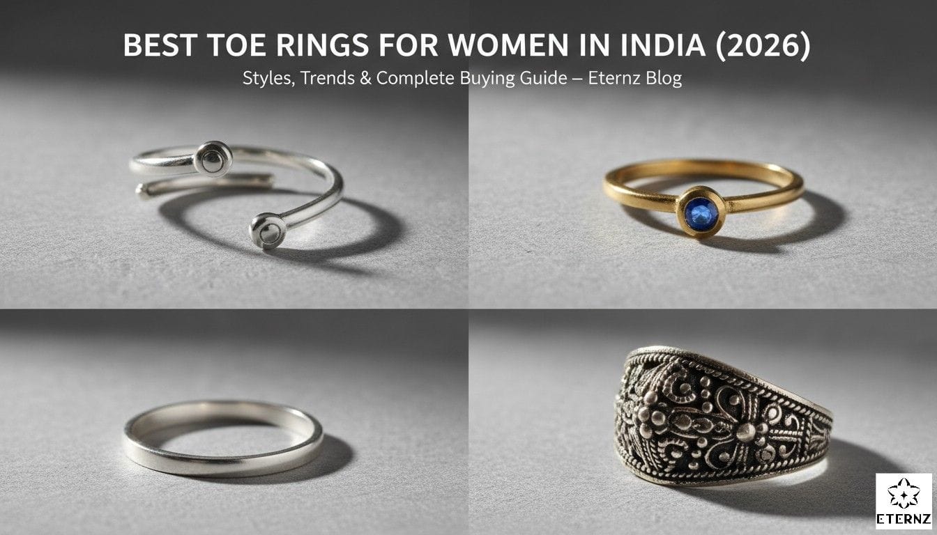 Four minimalist toe rings in different styles on gray background: adjustable open cuff, gemstone, plain band, and ethnic oxidized, top toe ring designs India 2026.