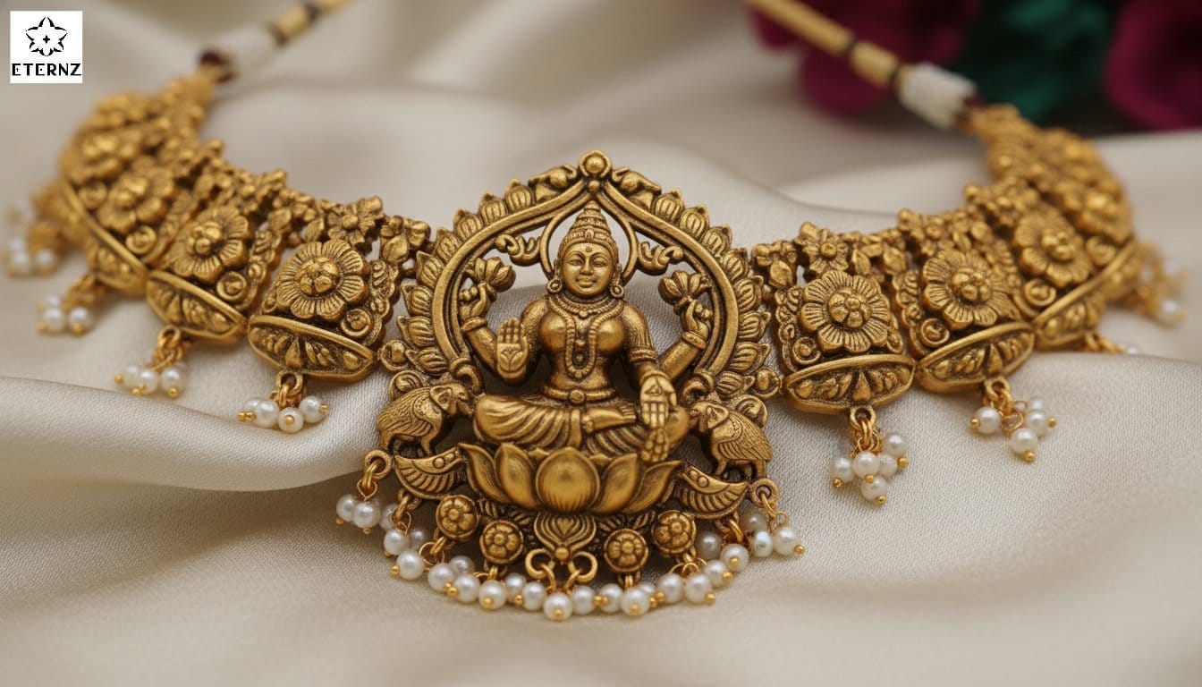 Matte gold temple jewelry with Lakshmi motif, a key 2026 Indian bridal jewelry trend for luxury South Indian weddings.