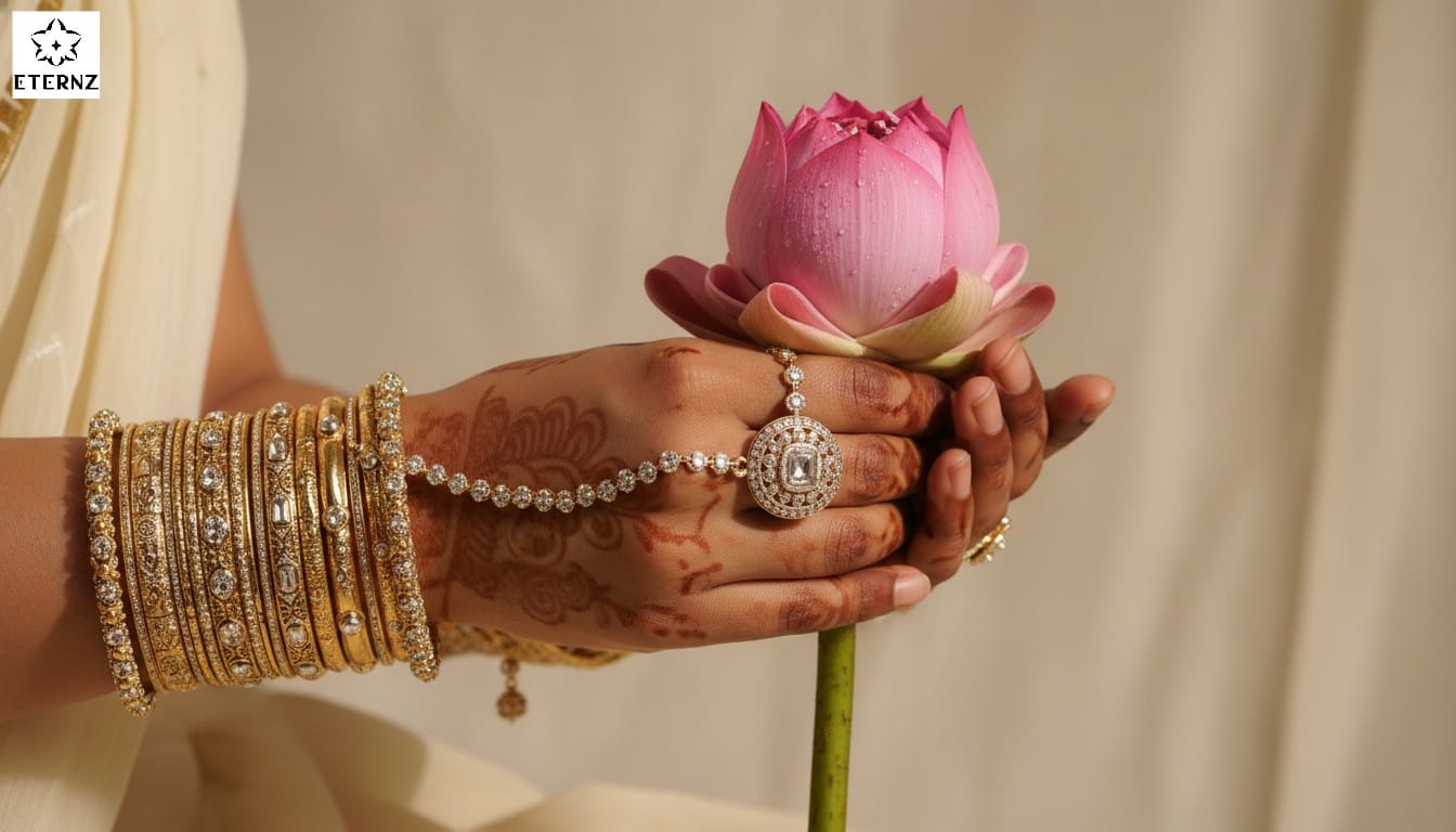 Henna hands with diamond Hathphool and stacked bangles for Indian bridal jewelry trends 2026, holding a pink lotus.