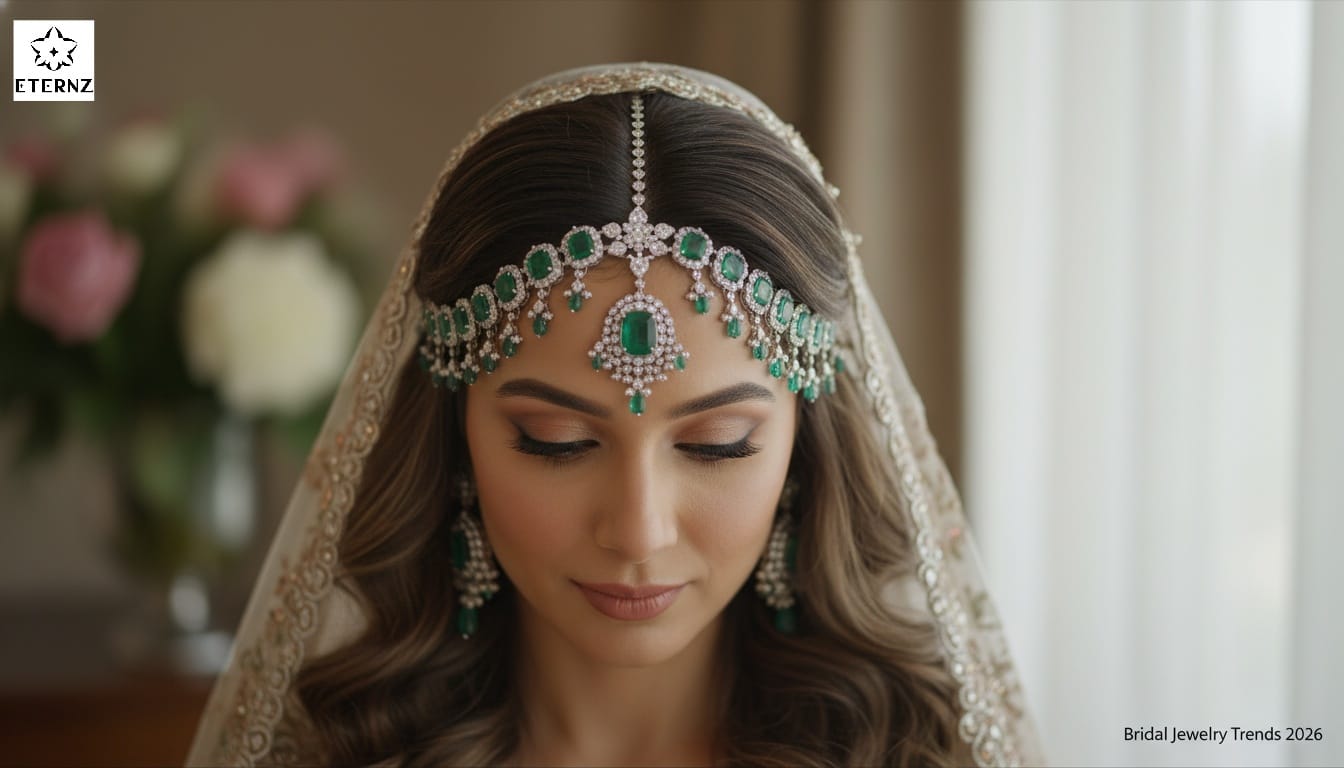 Indian bride wearing a luxury emerald and diamond matha patti headpiece, a top 2026 bridal jewelry trend.