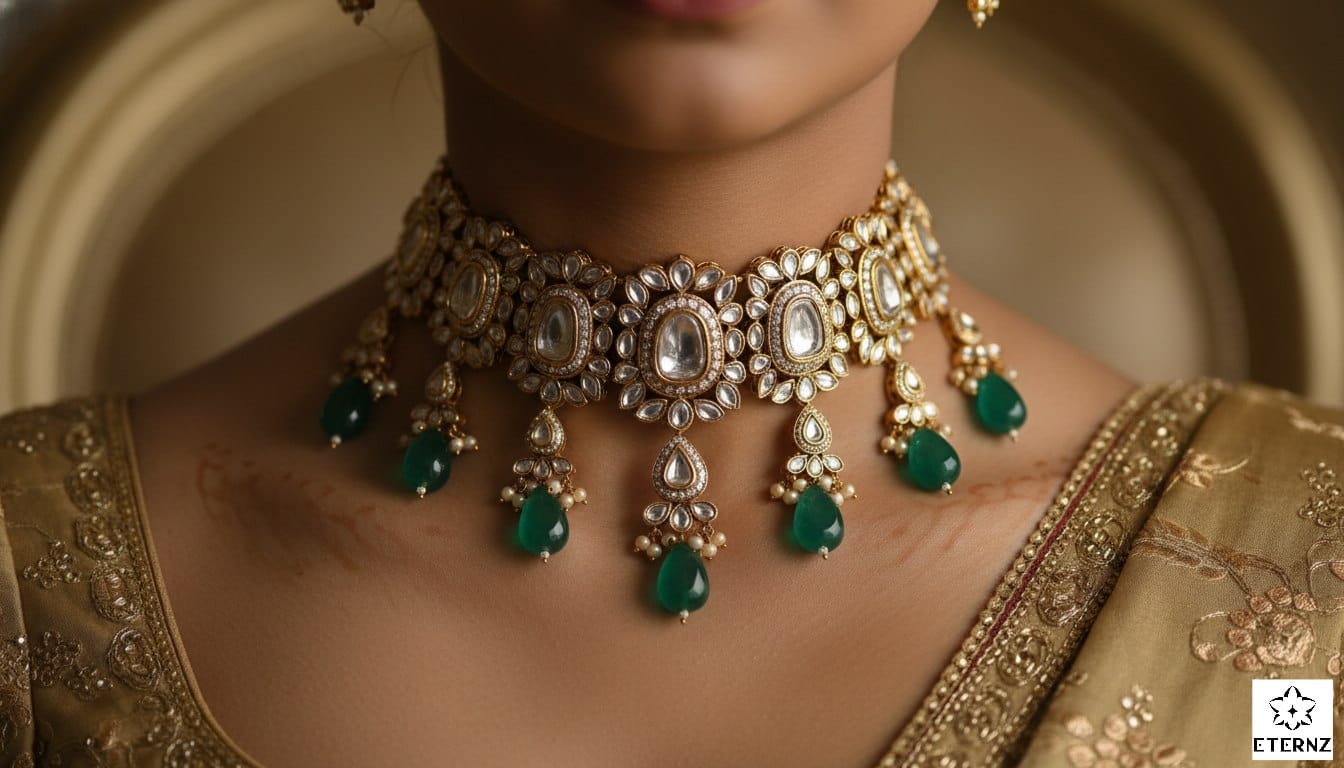 Luxury Polki choker with green emerald drops on an Indian bride, highlighting 2026 bridal jewelry trends and craftsmanship.