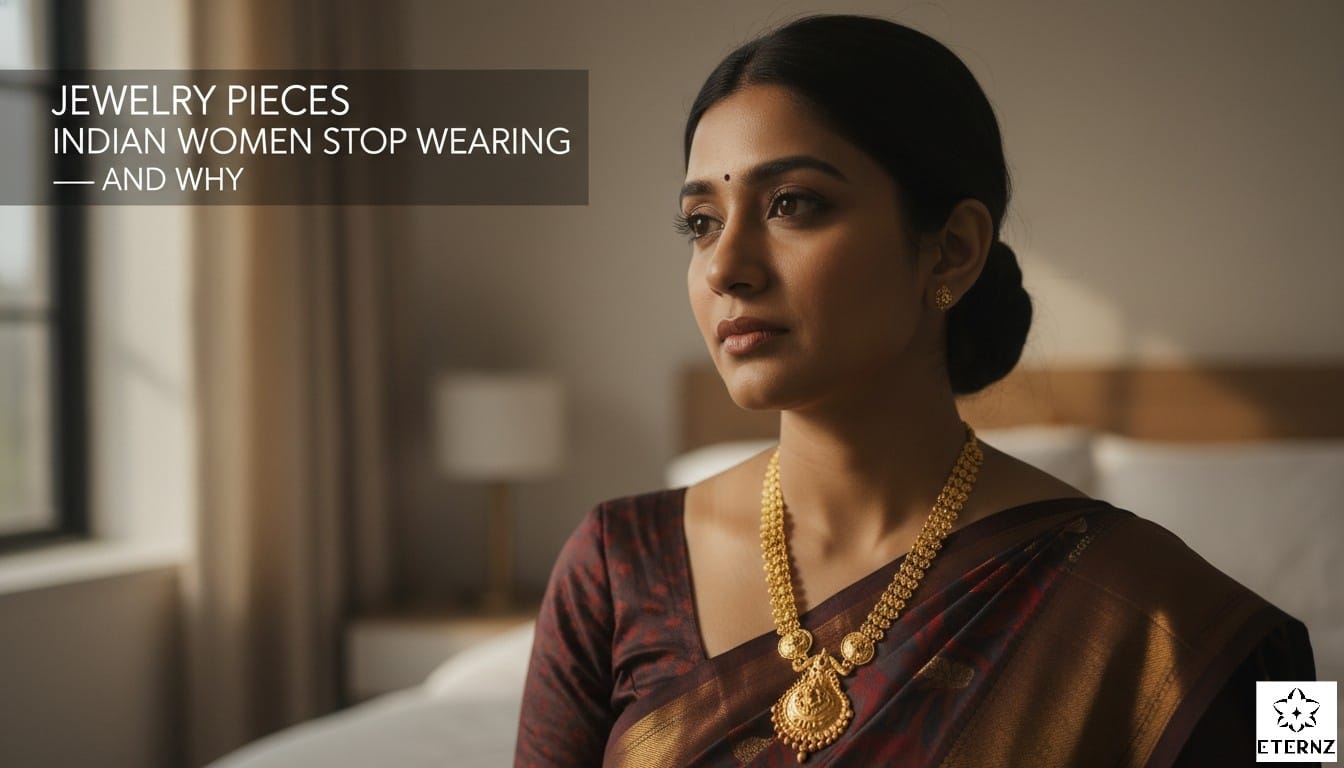 Indian woman in maroon saree wearing elaborate heavy gold necklace and earrings, representing traditional pieces modern women avoid for daily use.