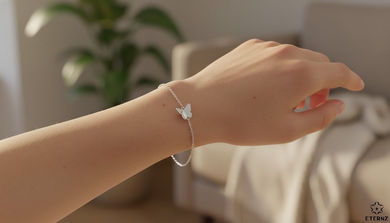 Close-up woman wrist wearing delicate 925 sterling silver butterfly charm bracelet, minimalist everyday girlfriend gift under 3000 rupees India 2026.