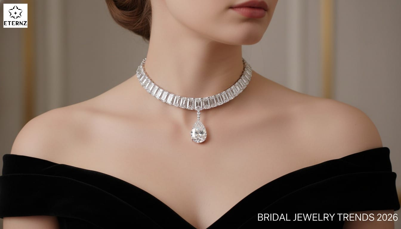 Modern diamond choker with solitaire drop on black dress; 2026 Indian bridal jewelry luxury trends for elite weddings.