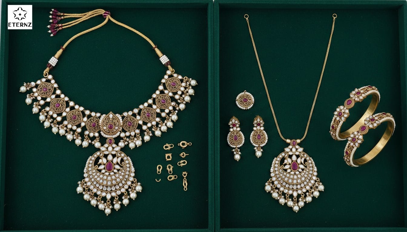 Flat-lay of modular Neo-Heritage Indian jewelry on a velvet tray, showing a traditional gold choker on one side and its converted forms—a sleek necklace and two bracelets—on the other.