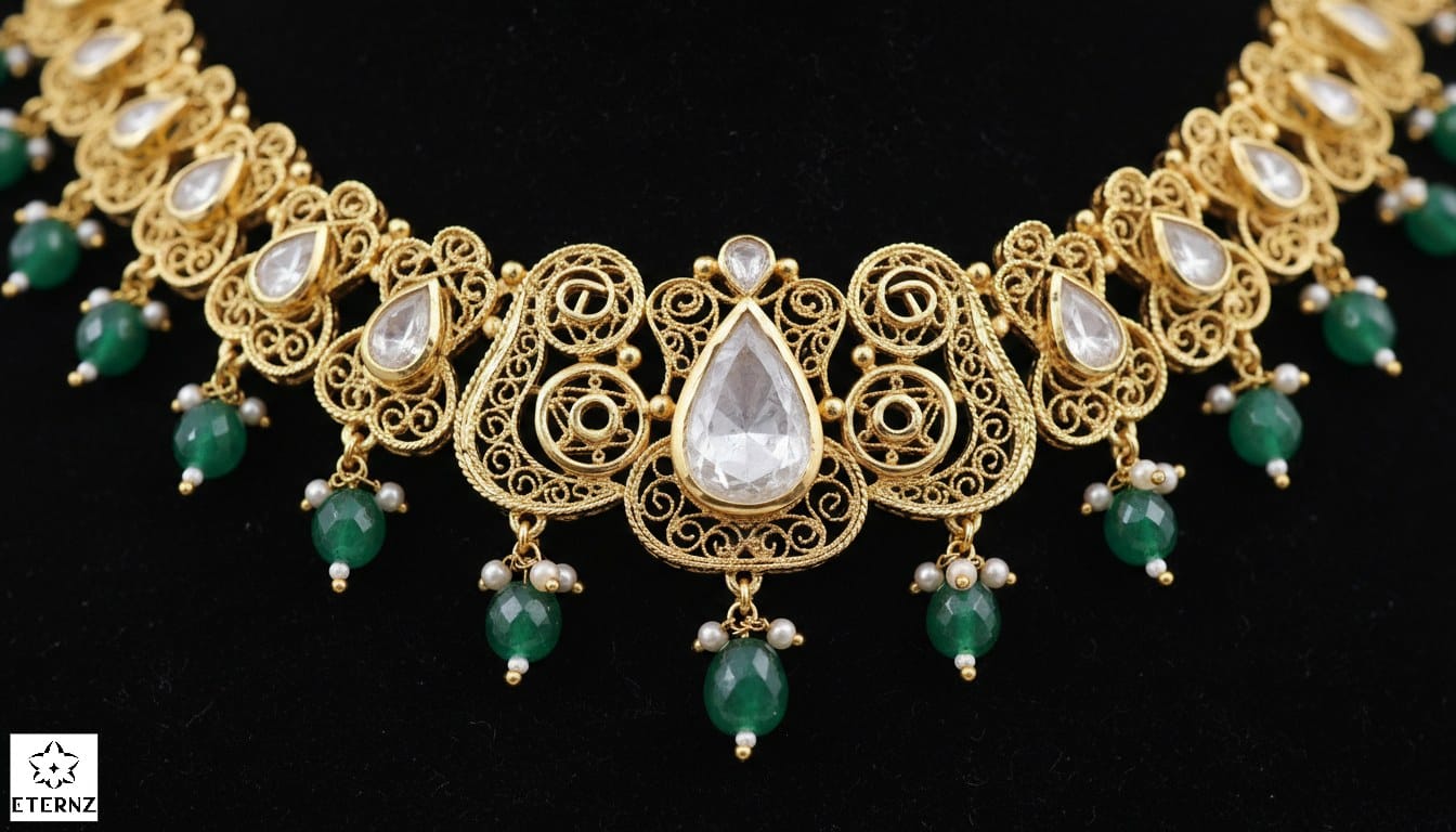 Close-up photography of a Polki fusion necklace showcasing precision open-setting craftsmanship, small emerald droplets, and 18k yellow gold detailing for neo-heritage bridal style.