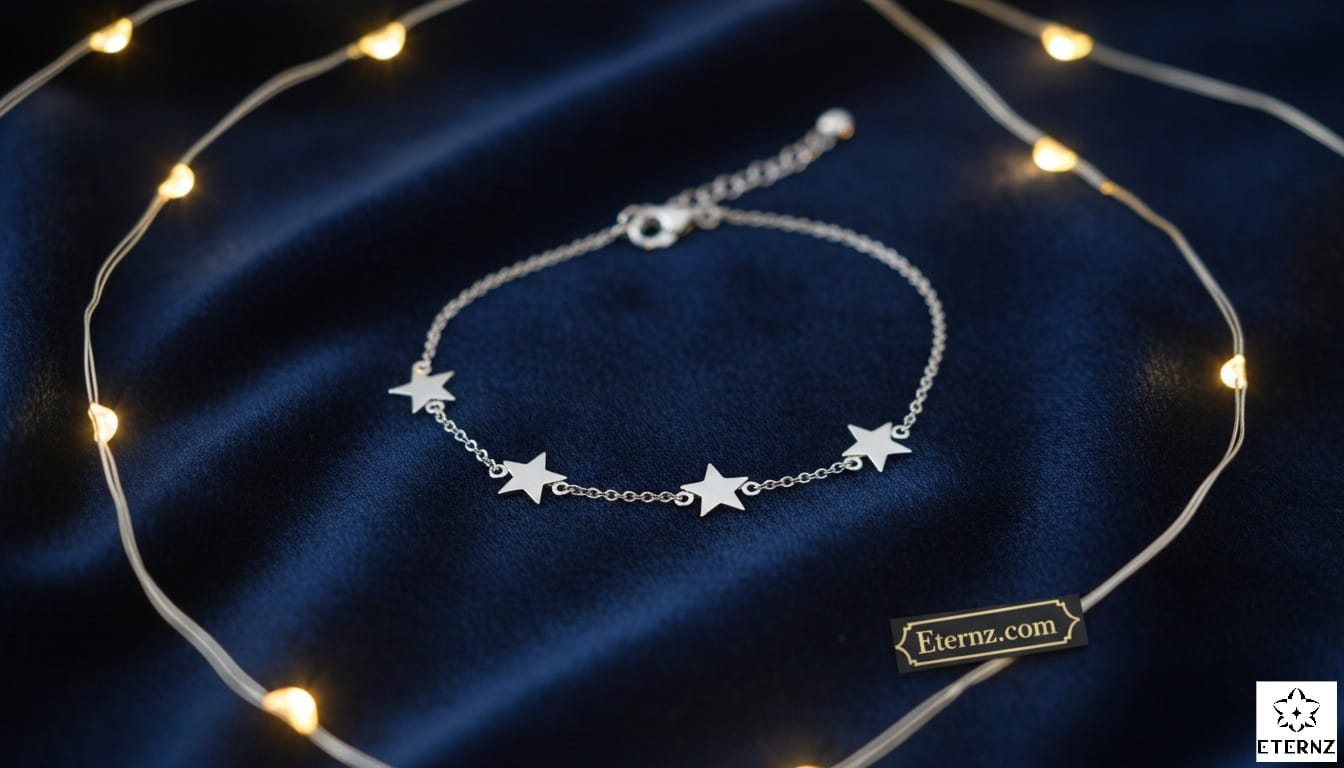 Delicate 925 sterling silver star bracelet on navy background with fairy lights, minimalist everyday jewelry gift for women India 2026, under 3000 rupees