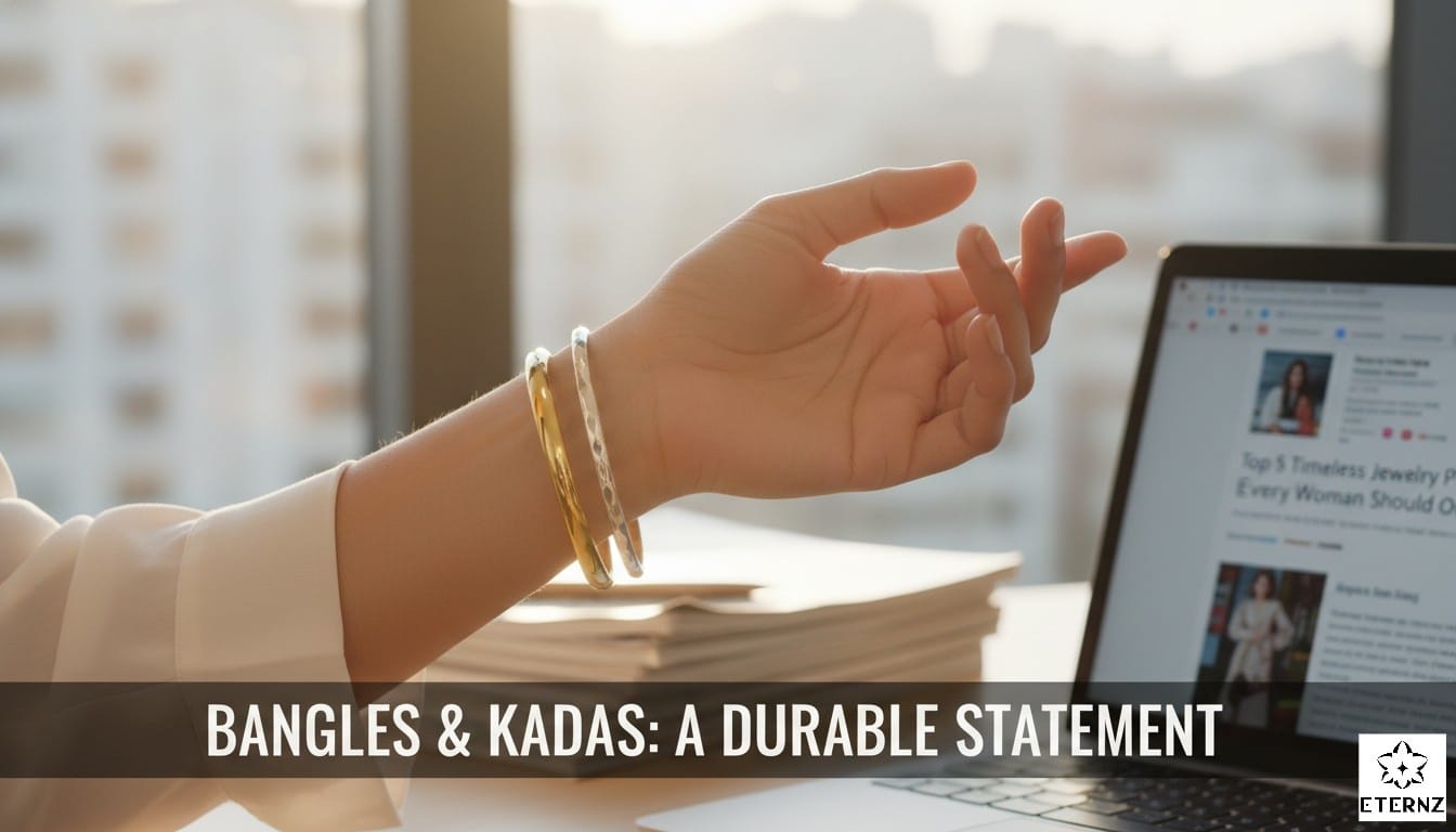 Woman's wrist with stackable gold and silver bangles kadas at office desk, timeless durable Indian bracelet jewelry for professional and festive wear.
