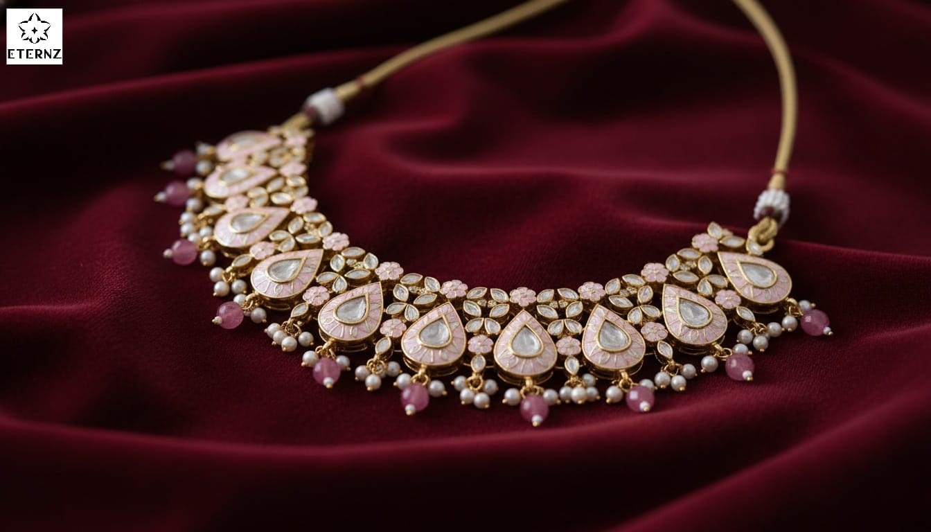 Stunning Polki necklace featuring pink enamel work on velvet, showcasing 2026 Indian bridal jewelry luxury trends.