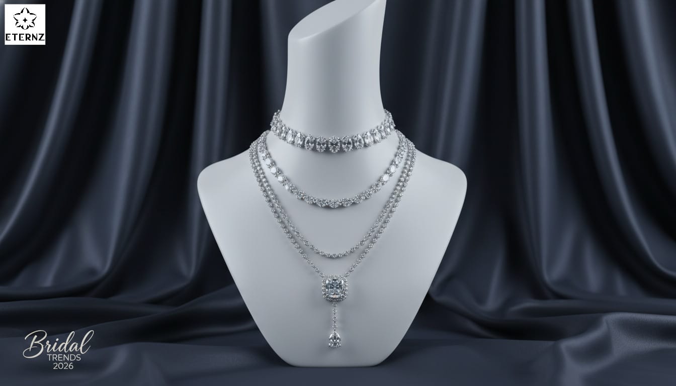 Three-tier diamond bridal necklace set on silk background, 2026 Indian wedding jewelry trends and luxury styles.