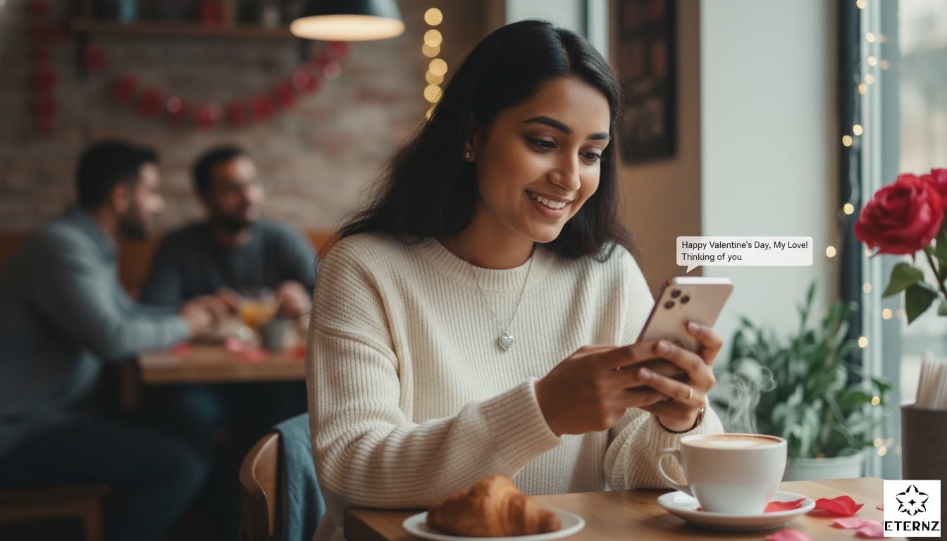 Young woman in India smiling at digital Valentine's Day 2026 wishes on her phone in a cozy cafe.
