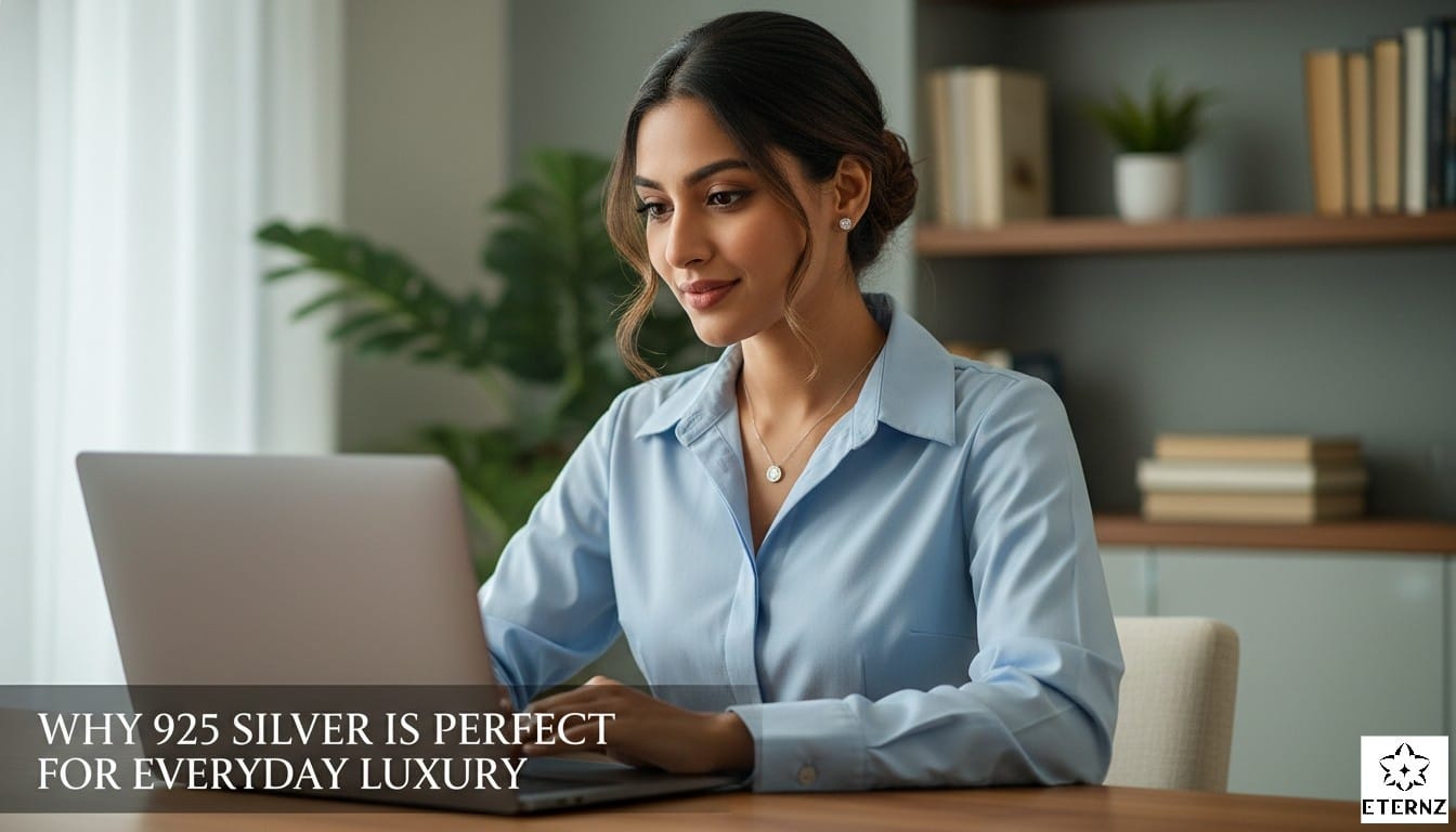 Indian woman wearing 925 sterling silver necklace and earrings at office desk, why 925 silver perfect for everyday luxury in India, professional style jewelry