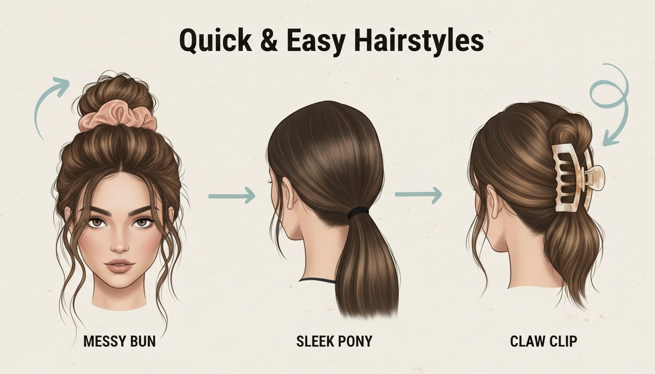 3 quick lazy girl glow up hairstyles: messy bun, low ponytail, and claw clip twist for a polished 10-minute beauty routine.
