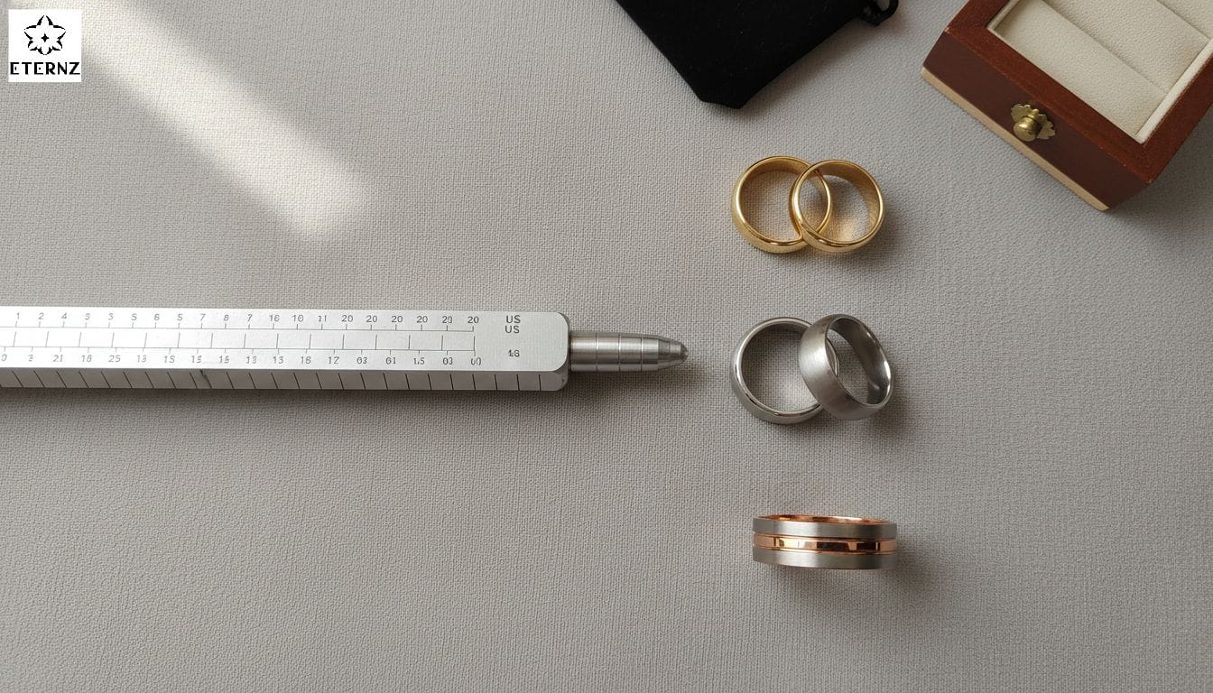A flat-lay photograph of a ring sizer measuring tool placed next to three pairs of couple rings in gold-plated, silver, and dual-tone finishes from the ETERNZ 2026 collection.