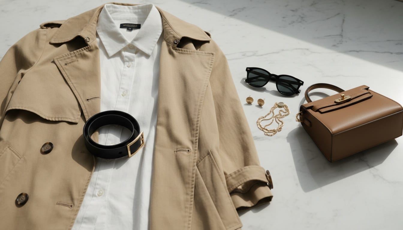 Beige trench coat and gold jewelry flat lay illustrating quiet luxury for an expensive look on a budget style guide.