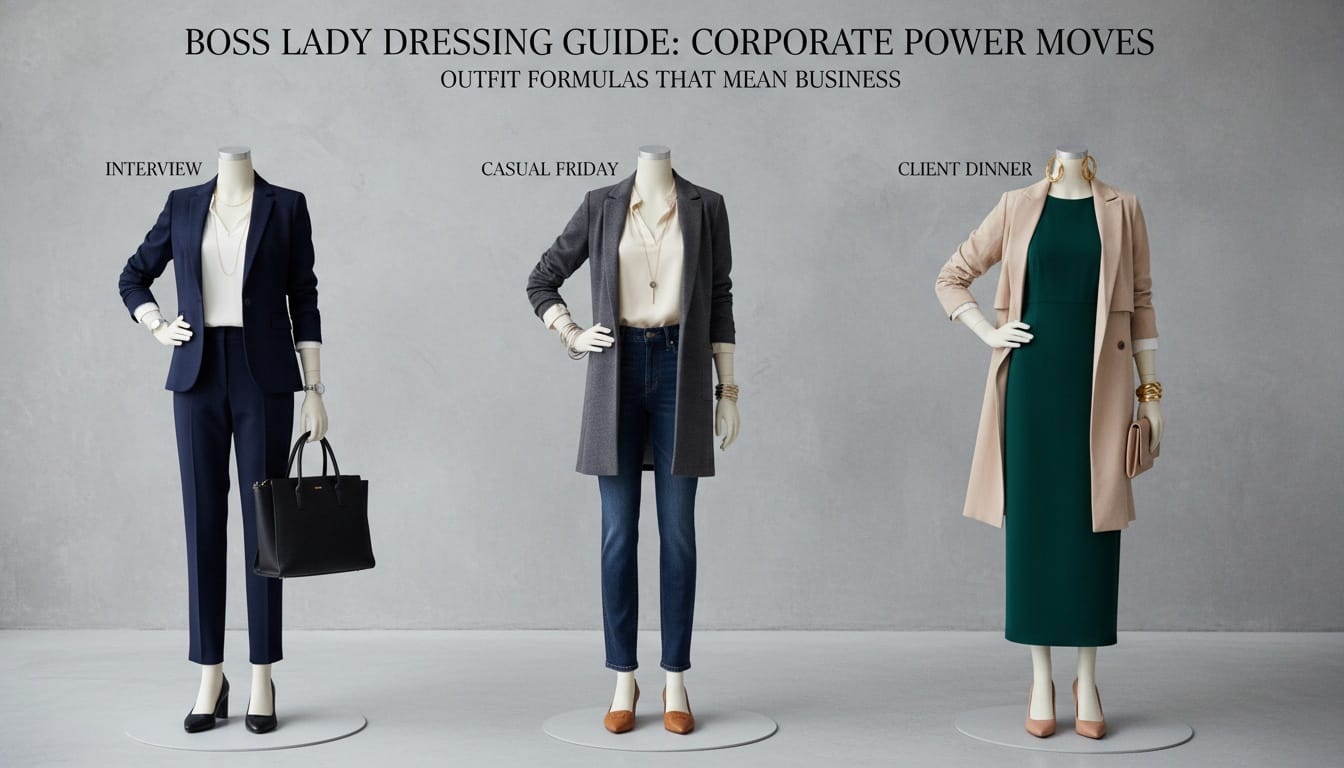 Boss lady dressing guide showing corporate power moves for job interviews casual Fridays and professional client dinners