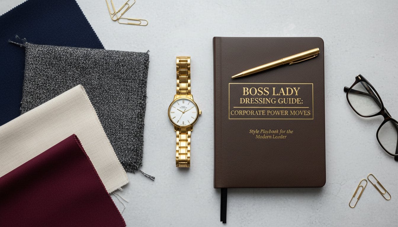 Boss lady dressing swatches in navy charcoal cream and burgundy with gold watch and notebook for corporate power moves.