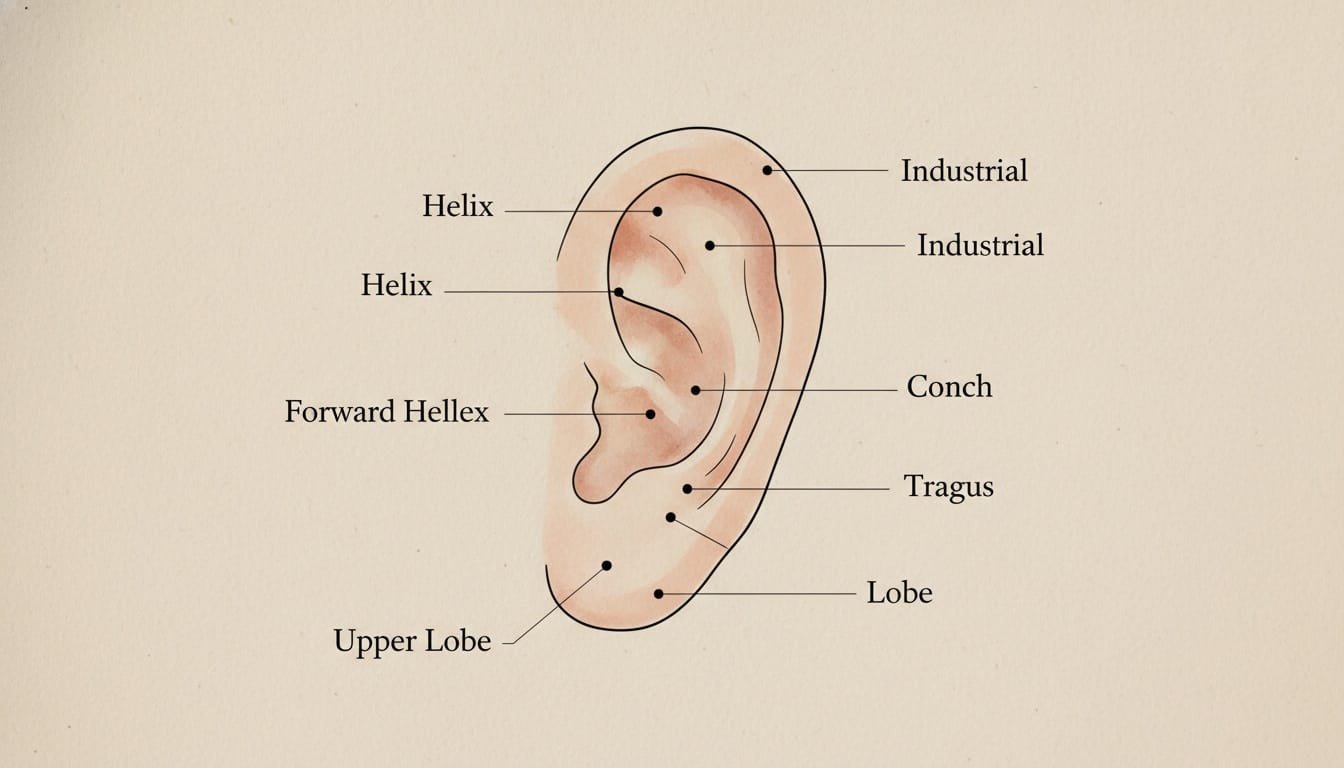 Chart of ear piercing locations in India showing lobe helix tragus conch and industrial placements for curated ear stacks.