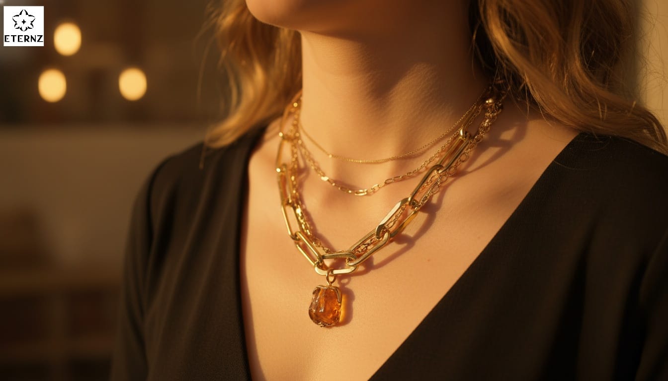 Close-up of a woman's neck wearing three layered necklaces: two thin gold chains and one chunky statement piece under warm, soft lighting.