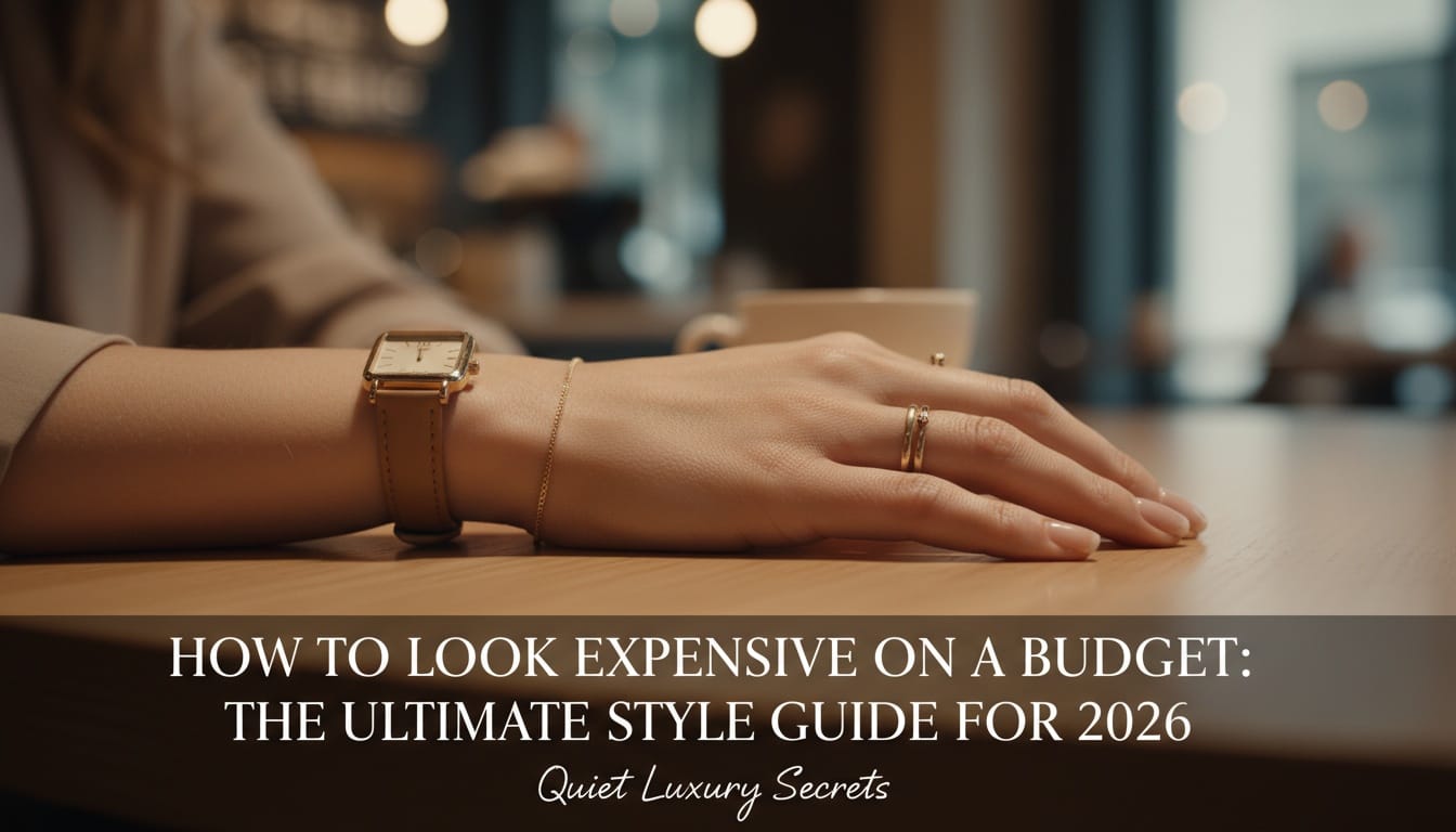 Close-up of minimalist gold watch and rings on woman's hand, showcasing how to look expensive on a budget.