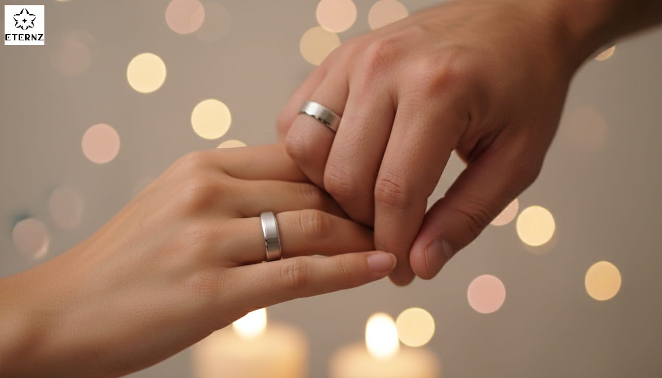 A high-quality close-up of a couple holding hands while wearing matching silver couple rings with soft romantic lighting in the background.