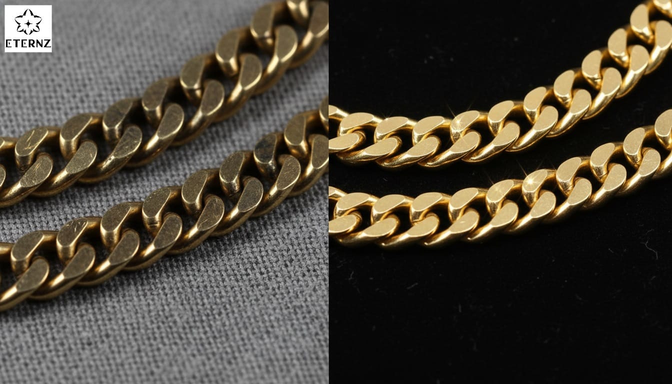 Split screen image displaying a dull, oxidized gold chain on the left and a shiny, expensive-looking gold chain on the right under bright, high-contrast lighting.
