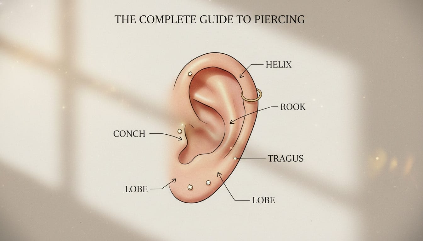 Ear piercing anatomy guide showing Helix Conch Tragus Lobe and Rook placements for professional styling in India