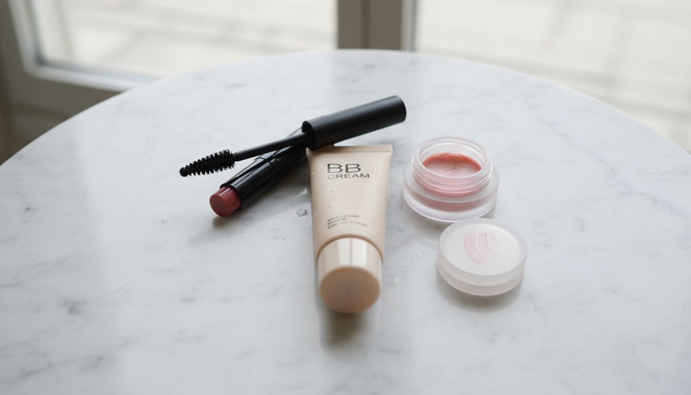Flat lay of BB cream cream blush and mascara for a 10 minute lazy girl glow up beauty routine on a white table