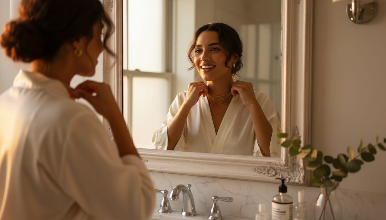 Woman styling gold necklace and hoops for a 10-minute lazy girl glow-up in golden hour light.