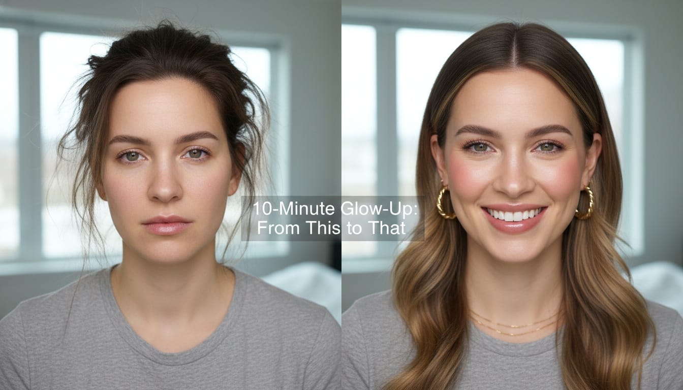 Lazy girl glow up comparison of tired woman vs polished look with gold hoops. 10 minute beauty routine results in India.