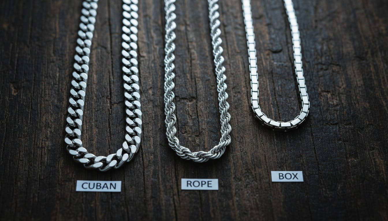 Men silver chains featuring Cuban Rope and Box styles on dark wood texture for stylish Indian men jewelry styling.