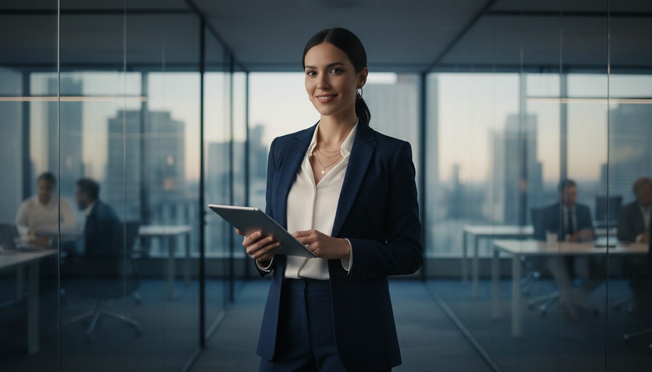 Professional woman in tailored navy blazer using tablet in modern office for boss lady corporate power moves