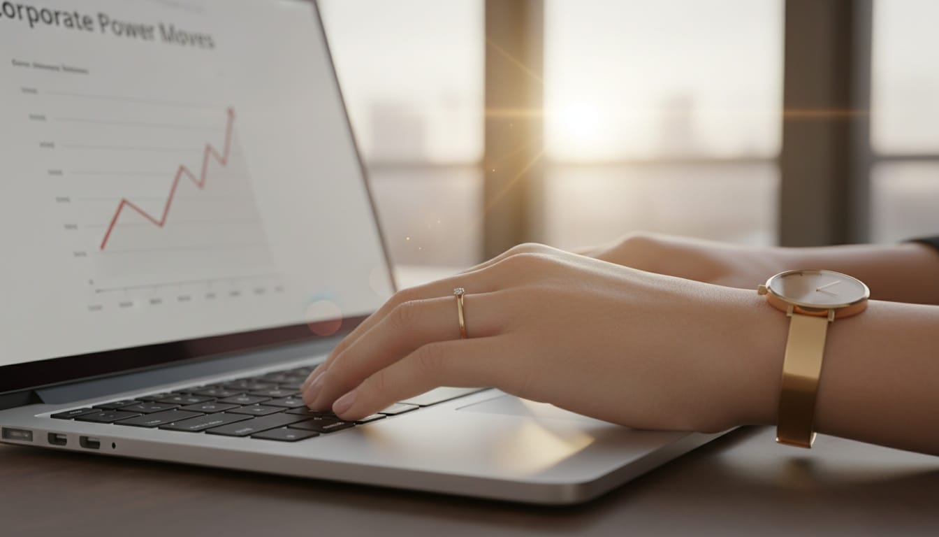 Professional woman wearing gold watch and elegant ring on laptop for boss lady corporate power moves in India