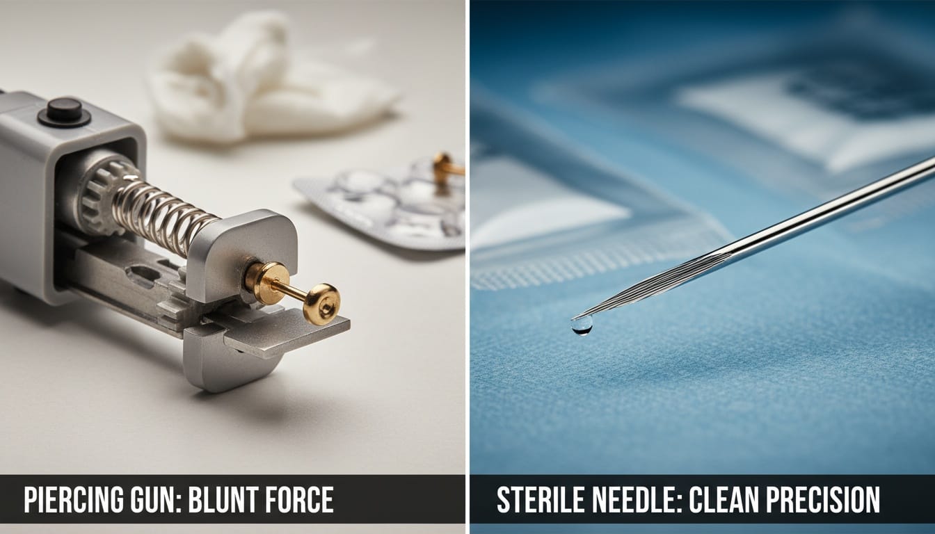 Side by side comparison of a blunt piercing gun and a sharp sterile hollow needle for safe ear piercing in India.