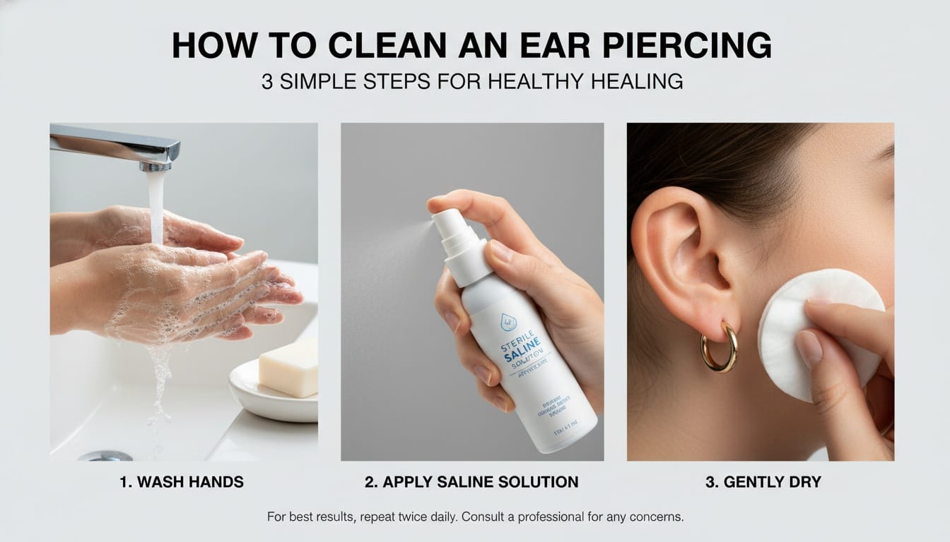 Step by step ear piercing cleaning guide with saline solution and hand washing tips for healthy healing in India.