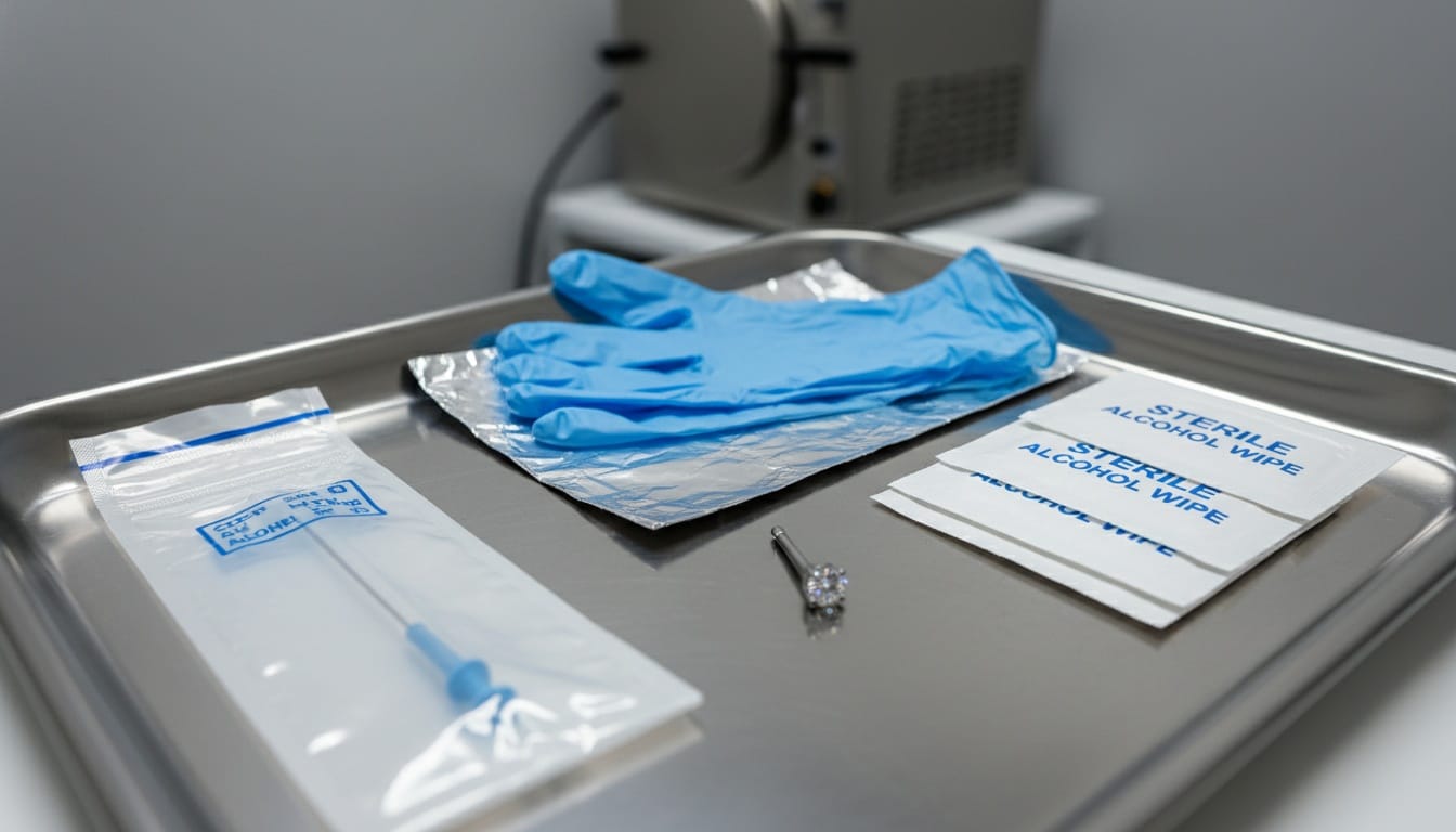 Sterile piercing tools on a tray including a titanium nose pin and needle for professional nose piercing in India.