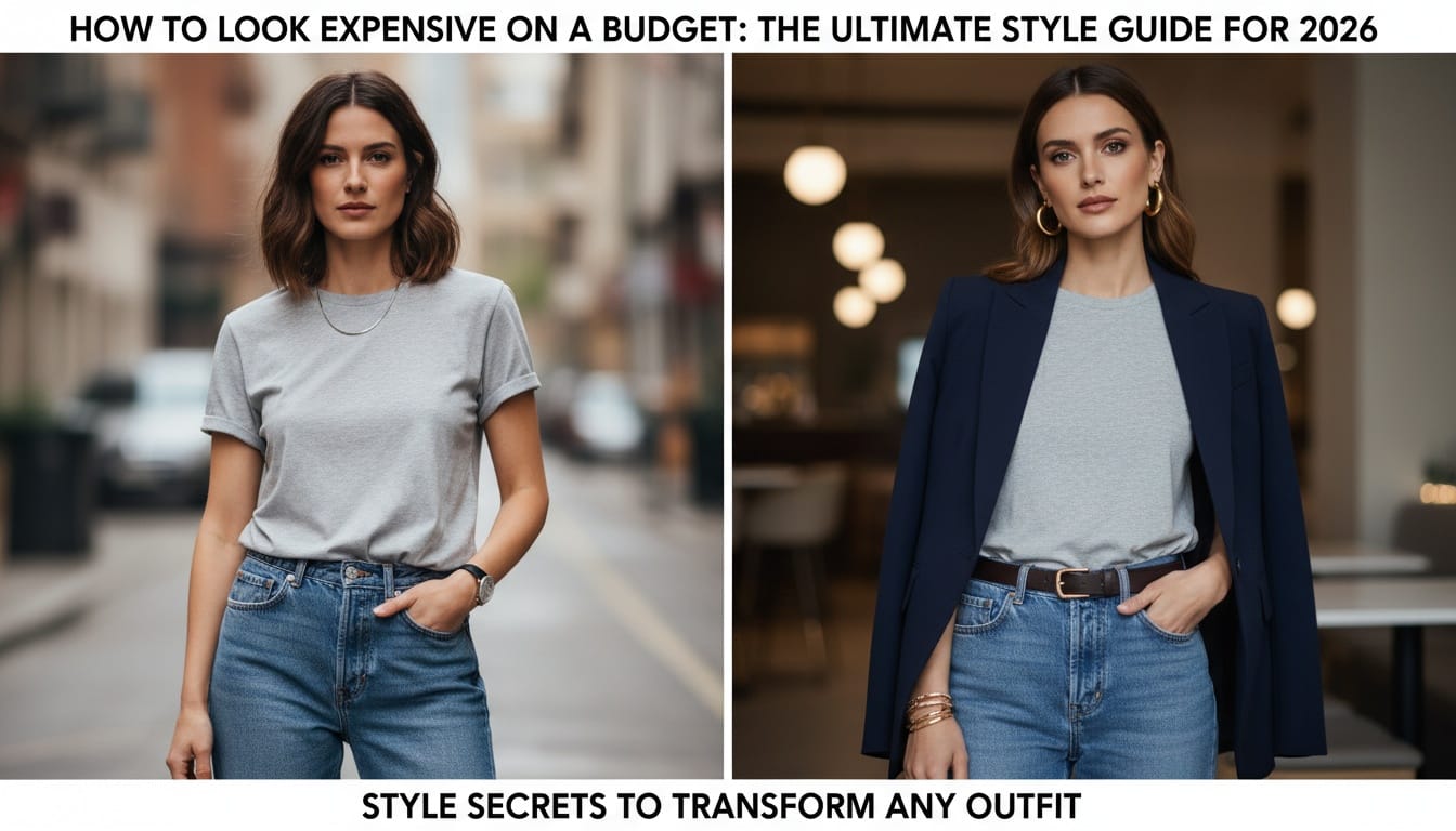 Styling hacks to look expensive on a budget: transforming a basic tee and jeans with a blazer and gold accessories.