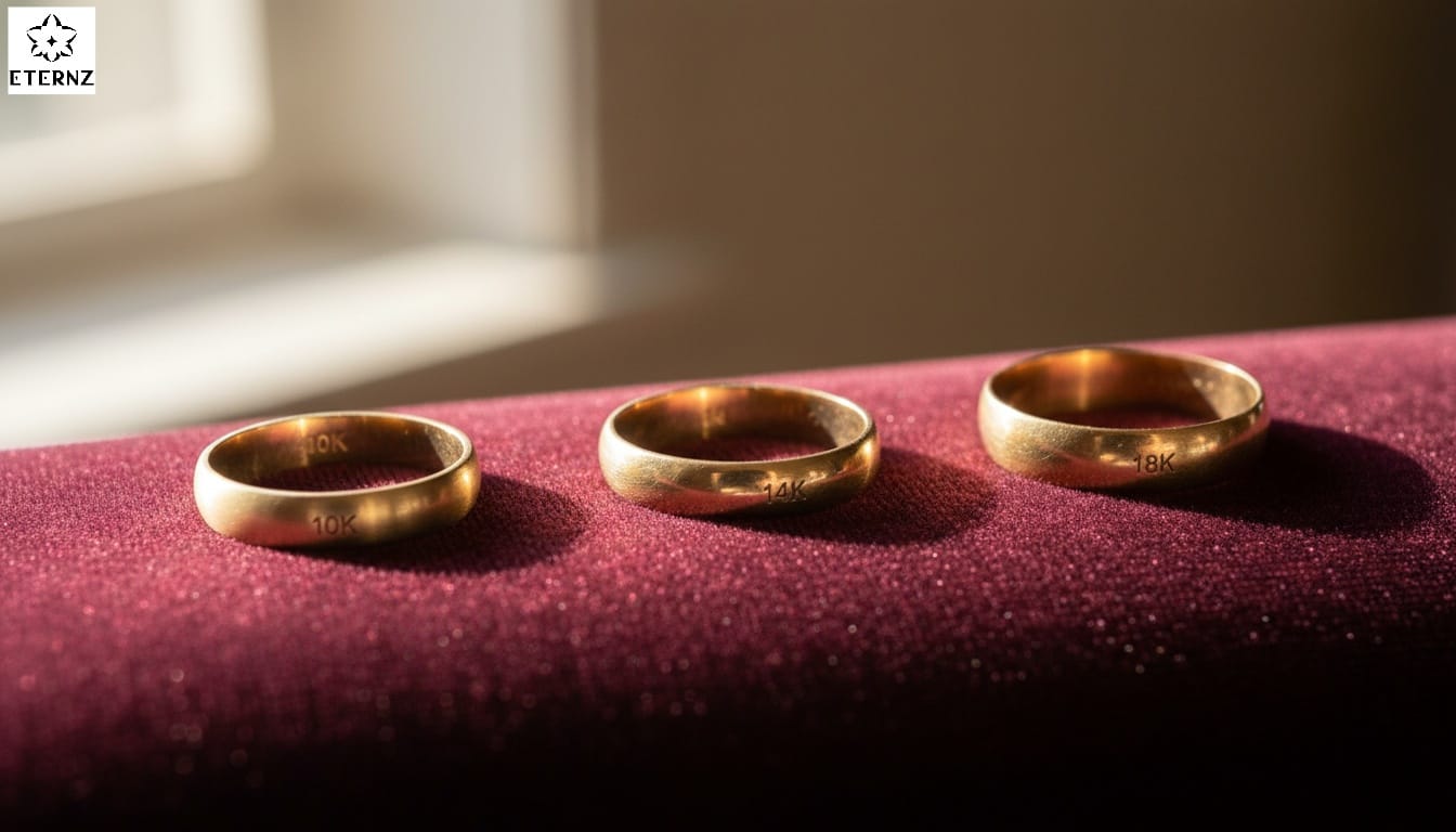 Close-up shot of three yellow gold rings in 10k, 14k, and 18k lined up on a velvet cushion, highlighting the color shift from pale yellow to deep rich gold under natural light.