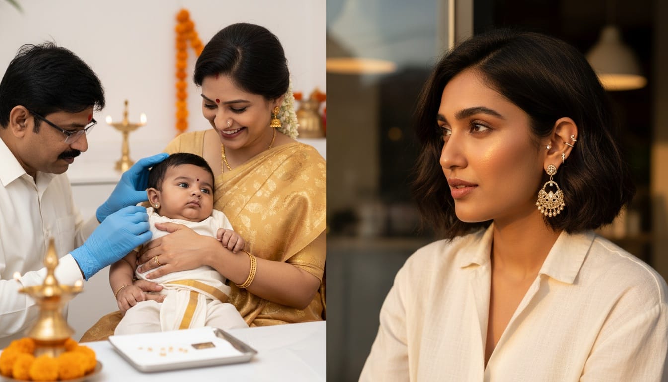 Traditional Indian ear piercing for babies and modern curated ear stack with gold studs and hoops for women in India